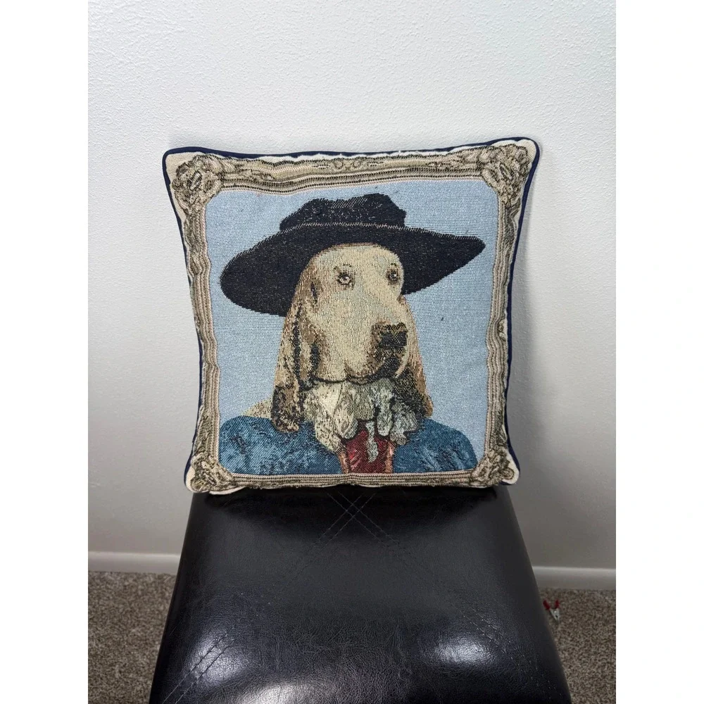 Vintage Whimsical Woven Tapestry Bloodhound Dog Portrait Throw Pillow 15x15 Blue